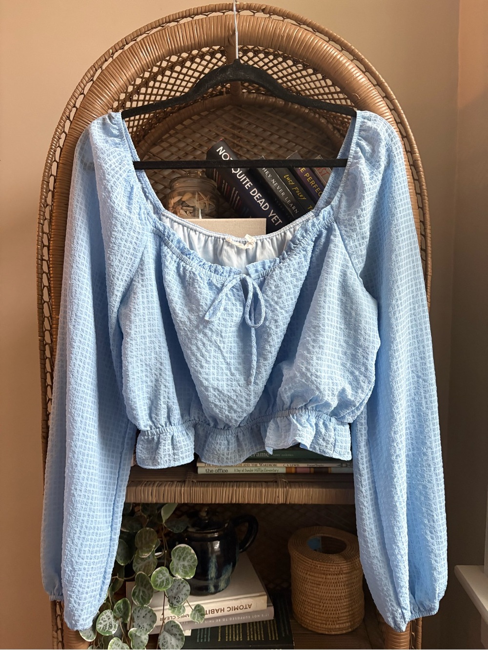 Lush Light Blue Long-Sleeve Waffle Crop Top